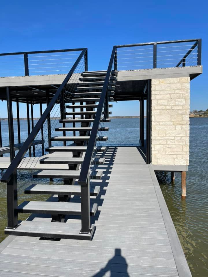 Close-up of a double layered dock on the water with stairs
