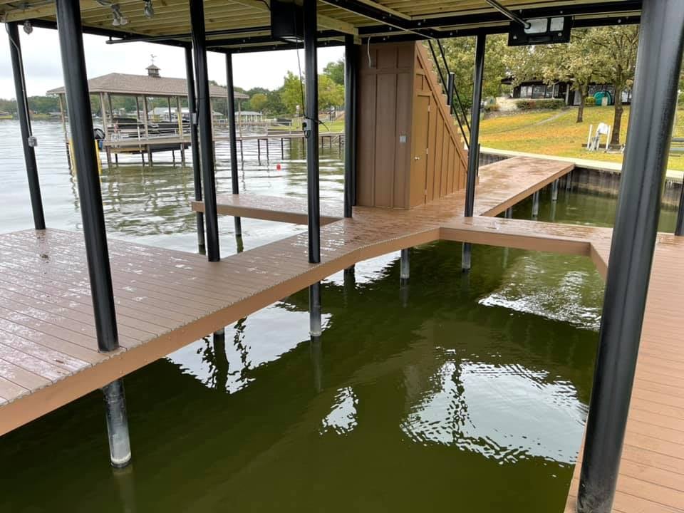 A wet dock pictured facing the land