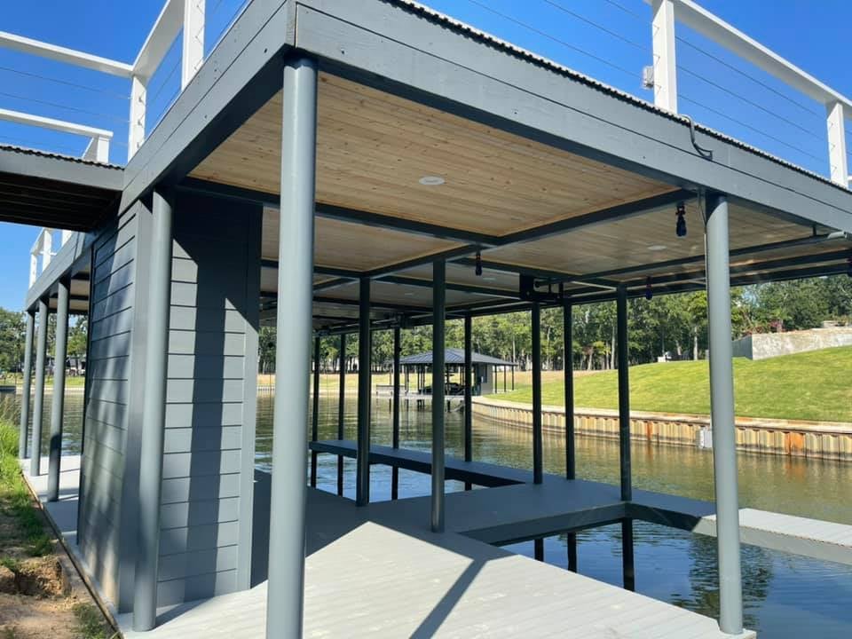 Side view of double decker dock with lighting pictured